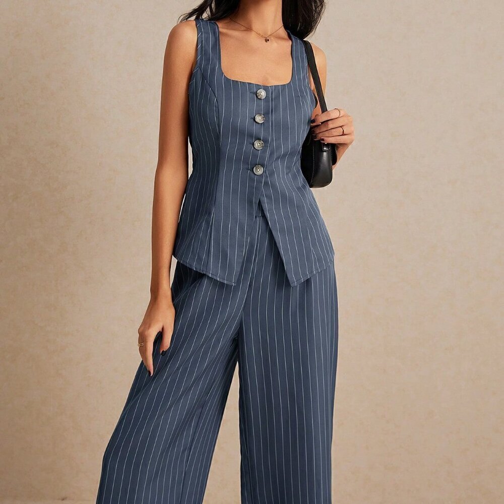 Gray Casual Women's Summer Old Money Striped Tank Top And Pants Set